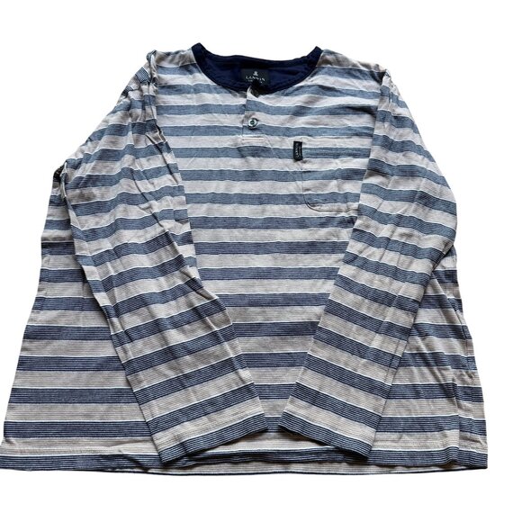 Lanvin Size M Blue Beige Stripe Cotton Knit Crew Neck Long Sleeve Henley Shirt